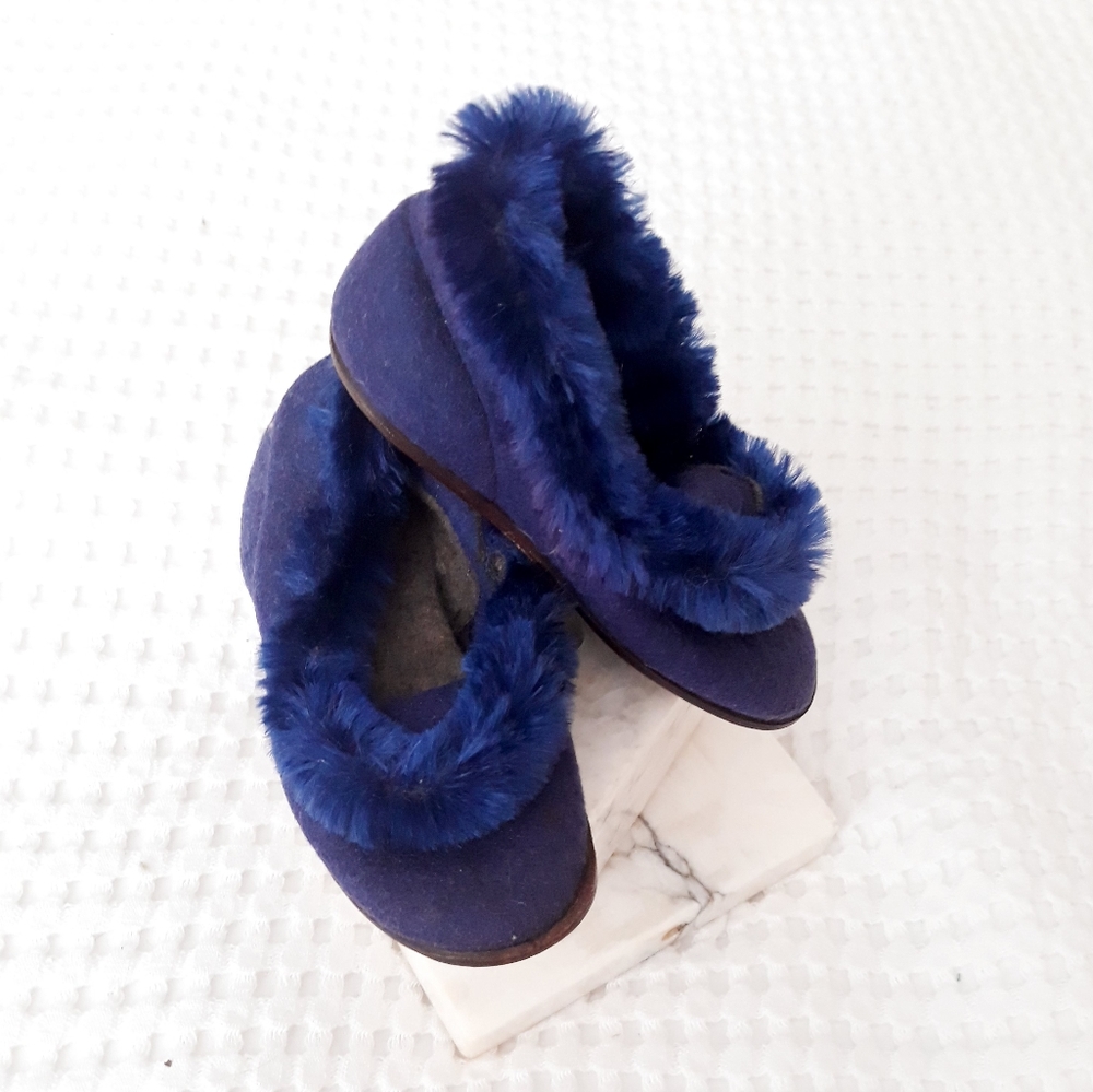 Vintage 1920's Children's Bed Slippers Blue Felt Wool Chenille Trim Wooden Sole - Picture 3 of 12